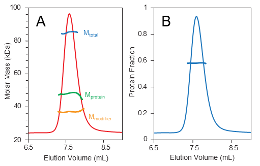 ASTRA software goes beyond measuring overall molecular weight by: A) uniquely resolving individual components to quantify protein and conjugated species and determine stoichiometry, and B) reporting the total protein fraction.